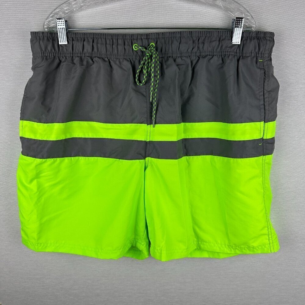 GEORGE MEN'S SWIMMING BOARD SHORTS GRAY AND NEON GREEN DRAWSTRING SIZE XL 40-42